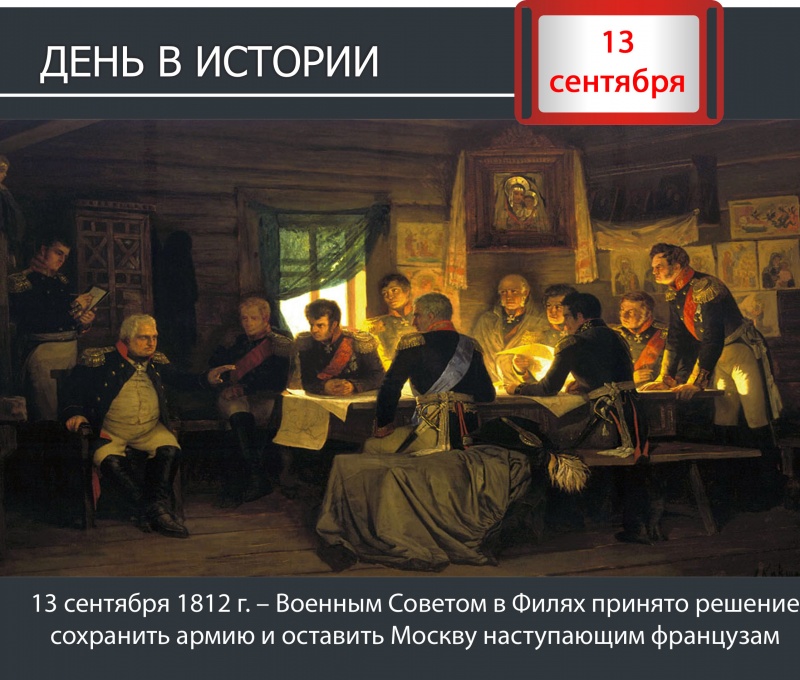 День в истории. 13 сентября 1812 г.  – в Филях принято решение оставить Москву наступающим французам